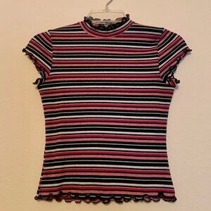Pink Y2K Striped Mock Turtle Neck Crop Top with Lettuce Hem